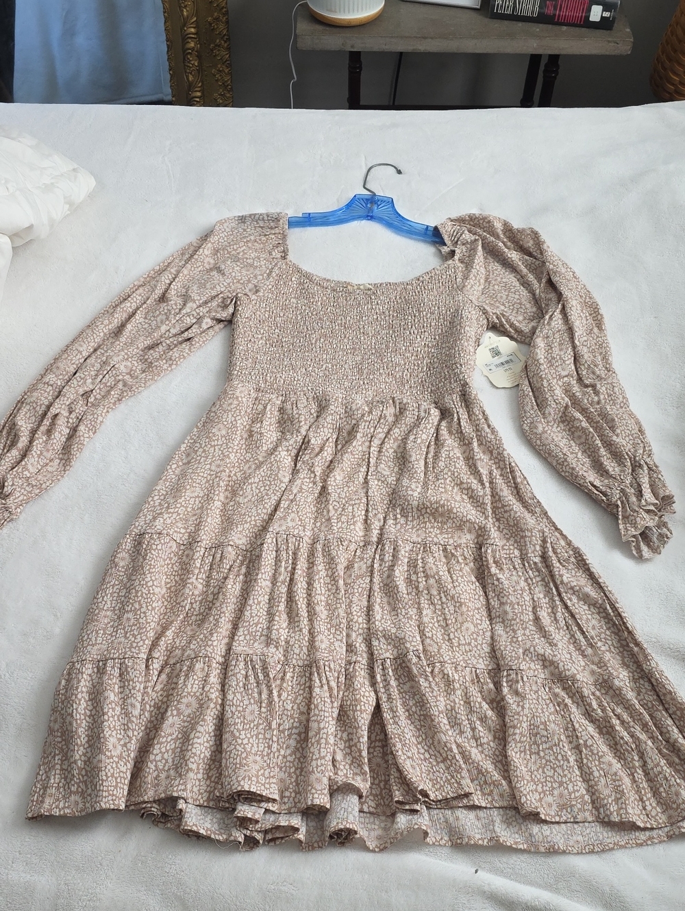 Altar'd State Beige Floral Long-Sleeve Tiered Smocked Dress